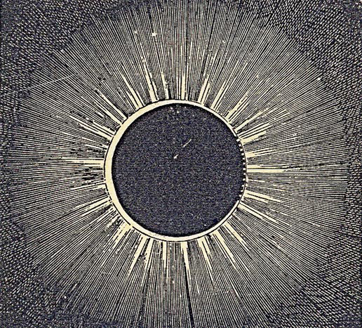 Eclipse drawing from "Fourteen Weeks in Descriptive Astronomy" by J. Dorman Steele, 1873 (Barnes and Co., NY). During this eclipse, Francis Baily noticed bright flashes of light from around the limb of the moon, later named 'Baily’s Beads’ in his honor. [www.sunearthday.nasa.gov]